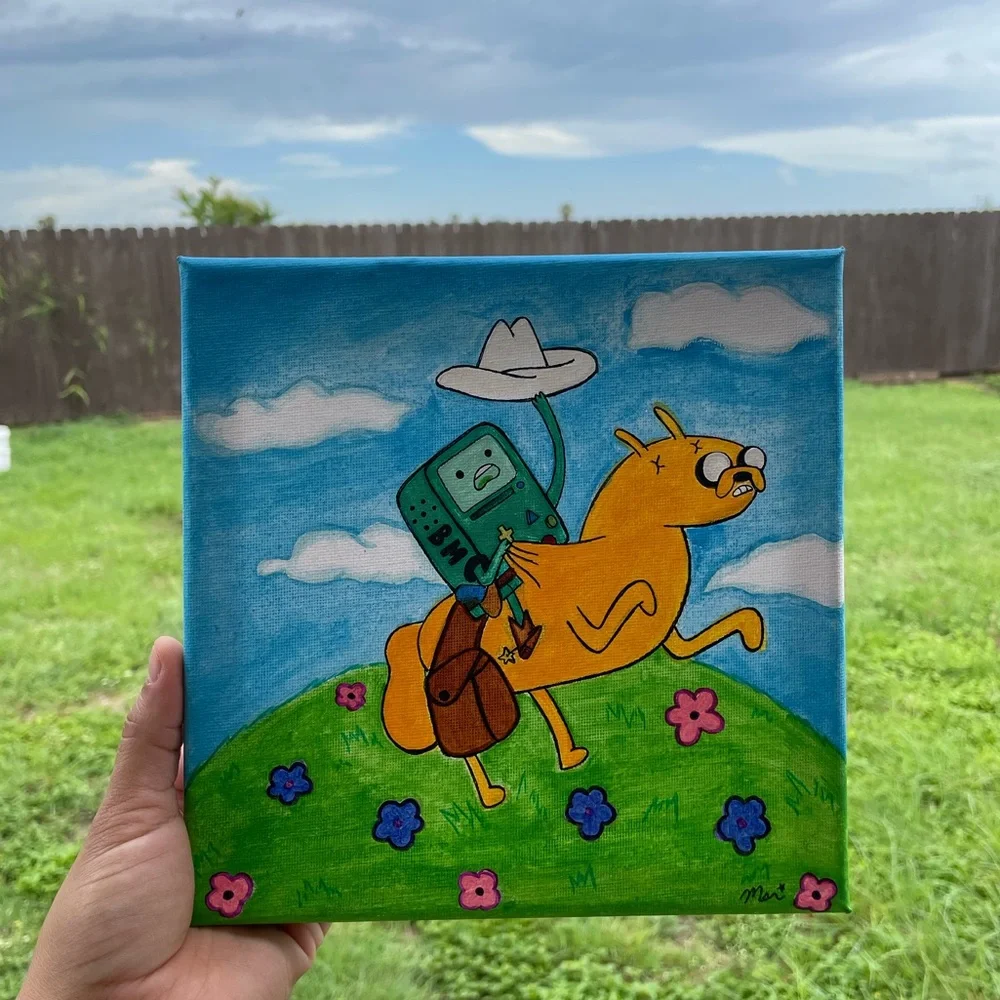 Adventure time cowboy beemo riding Jake the dog hand painted canvas art - Picture 1 of 16